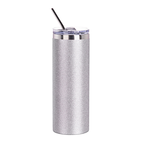 Picture of Silver Glitter Skinny Bottle With Metal Straw