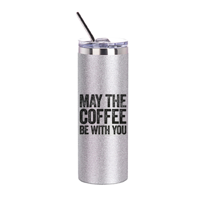 Picture of May the Coffee Be With You Silver Glitter Skinny Bottle With Metal Straw